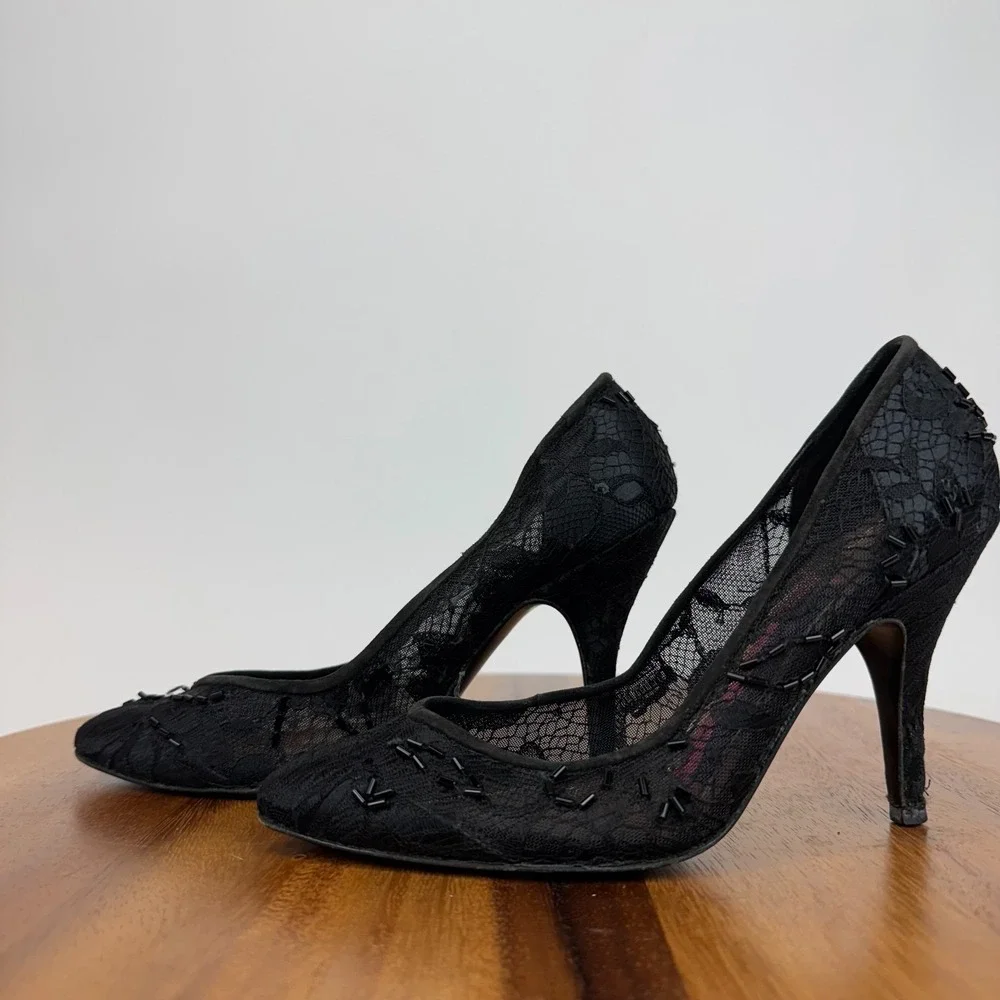 Womens Susan Bennis Warren Edwards Black Lace Beaded Heels‎ Pumps Size 6 M GUC
